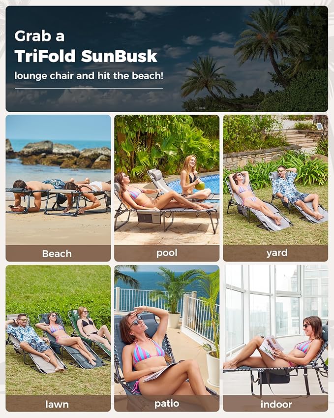 KingCamp 2 Pack Tanning Chair with Face Hole, Lounge Chairs Outdoor Folding Comfy Adjustable 5-Position Lay Flat Foldable Chaise Chaser Lounger for Outside Beach Patio Sun Bathing Pool, Beige