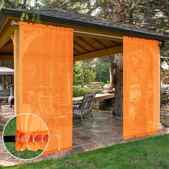 SpaceDresser Waterproof Outdoor Sheer Curtains for Patio - 2 Panels Rod Pocket Indoor Voile Sheer Curtain for Living Room,52W x 84L inch, Orange