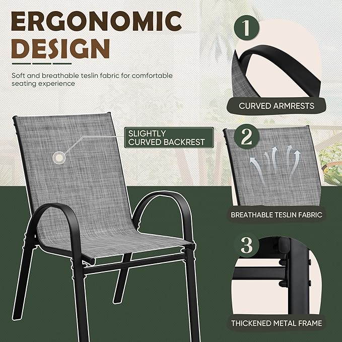 Flamaker Patio Chairs Stackable Dining Chairs Set of 4 Metal and Teslin Outdoor Chairs for Lawn Deck Balcony Porch (Grey)
