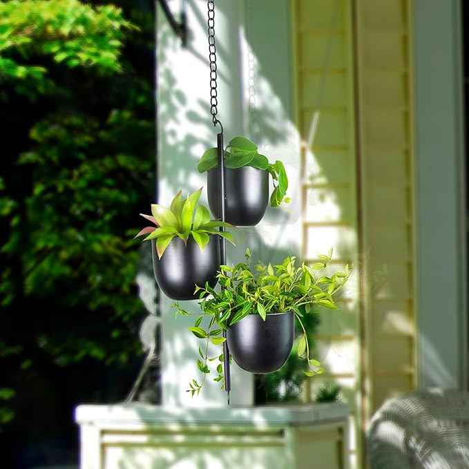 3 Tier Hanging Planters for Indoor & Outdoor, Stackable Black Metal Plant Hanger with 6 Inch Flower Pots, Oval Wall & Ceiling Plant Holder for Modern Home Decor, Balcony, Window, Patio (No Plants)