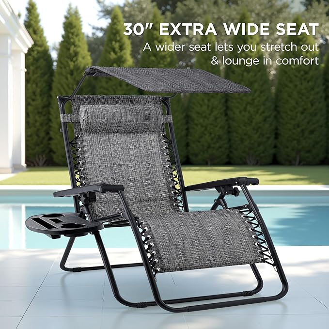 Best Choice Products 30” Wide Folding Zero Gravity Outdoor Recliner Patio Lounge Chair w/Adjustable Canopy Shade, Headrest, Side Accessory Tray - Gray