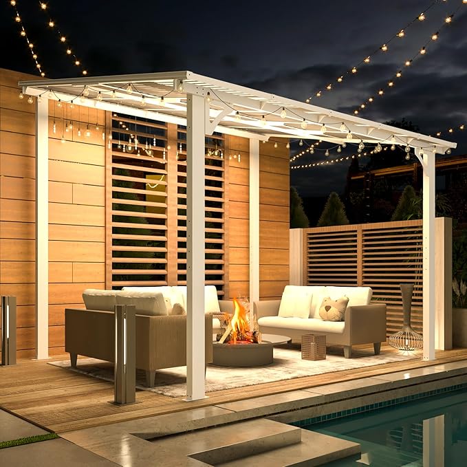 AECOJOY 10' x 8' Pergolas and Gazebos on Clearance in White, Large Wall Mounted Pergola, Outdoor Patio Lean to Gazebo Metal Awnings for Decks,Patio, Porch, Backyard and More