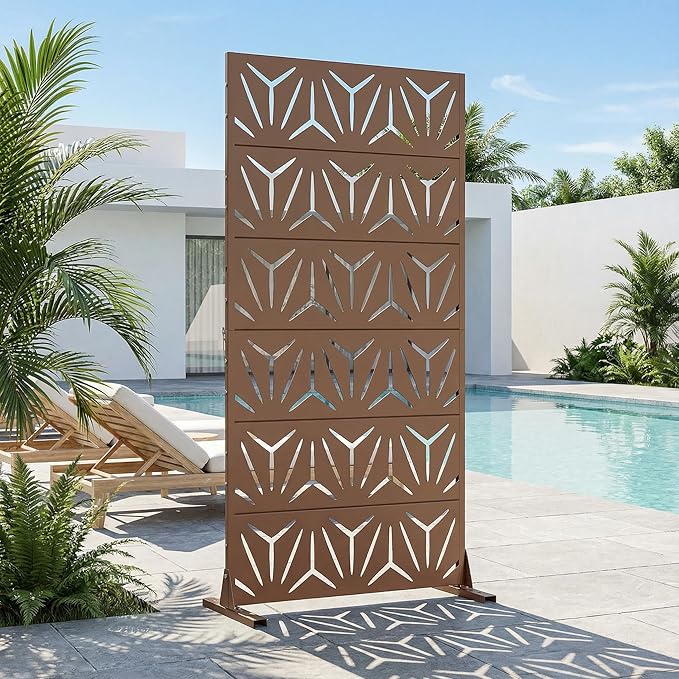 Casaphoria Metal Privacy Screen Outdoor, 72" H x 35" W Freestanding Decorative Privacy Screen for Patio Deck Balcony Garden with Stable Base, Brown-Star