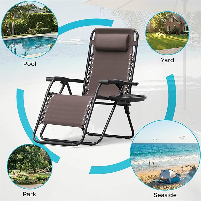 Homall Zero Gravity Chair Patio Folding Lawn Outdoor Lounge Gravity Camp Reclining Lounge Chair with Cup Holder Pillows for Poolside Backyard and Beach Set of 4 (Brown)