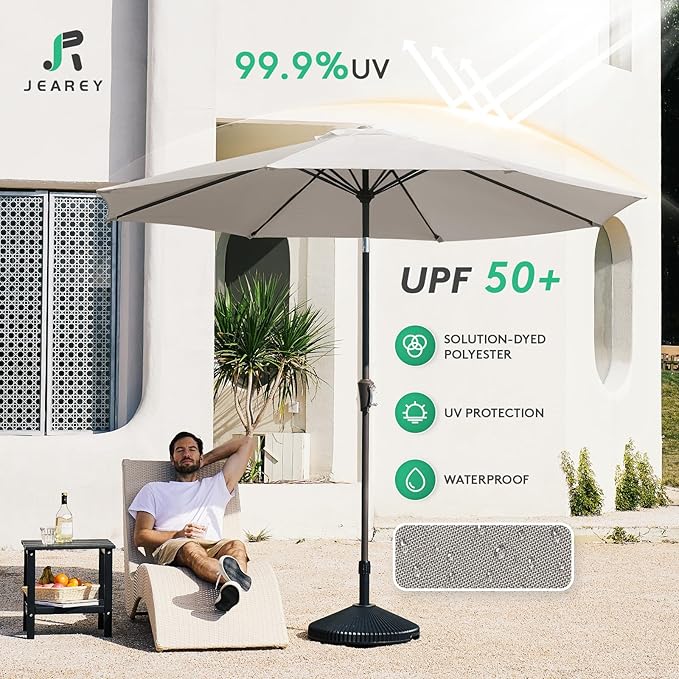 JEAREY 9FT Outdoor Patio Umbrella Outdoor Table Umbrella with Push Button Tilt and Crank, Market Umbrella 8 Sturdy Ribs UV Protection Waterproof for Garden, Deck, Backyard, Pool (Fog Gray)