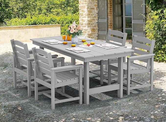 SERWALL 67" Outdoor Dining Table - HDPE All-Weather Rectangular Patio Table with Umbrella Hole, Light Gray