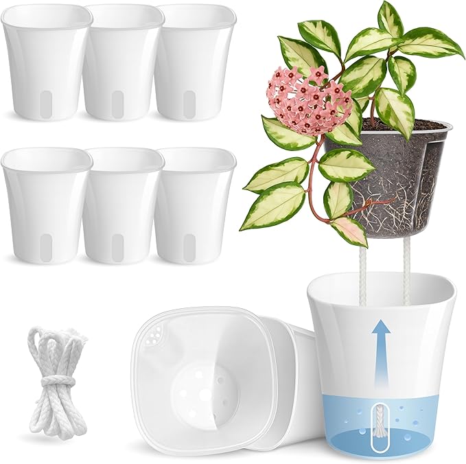 8 Pack 4" Self Watering Pots for Indoor Plants, Clear Inner Cup, Small White Plastic Planters, Water Level Indicator, Drainage Holes, Extra 3ft Wick, Cuttings,Seedlings,Herb,African Violets