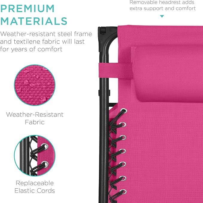 Best Choice Products 30” Wide Folding Zero Gravity Outdoor Recliner Patio Lounge Chair w/Adjustable Canopy Shade, Headrest, Side Accessory Tray - Hot Pink/Black