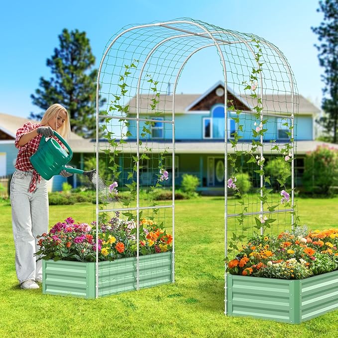 DoCred 3 in 1 Raised Garden Bed with 87in Tall Arch Trellis for Climbing Plants, Galvanized Planter Garden Box Outdoor for Gardening, Climbing Vegetables, Flower, Green