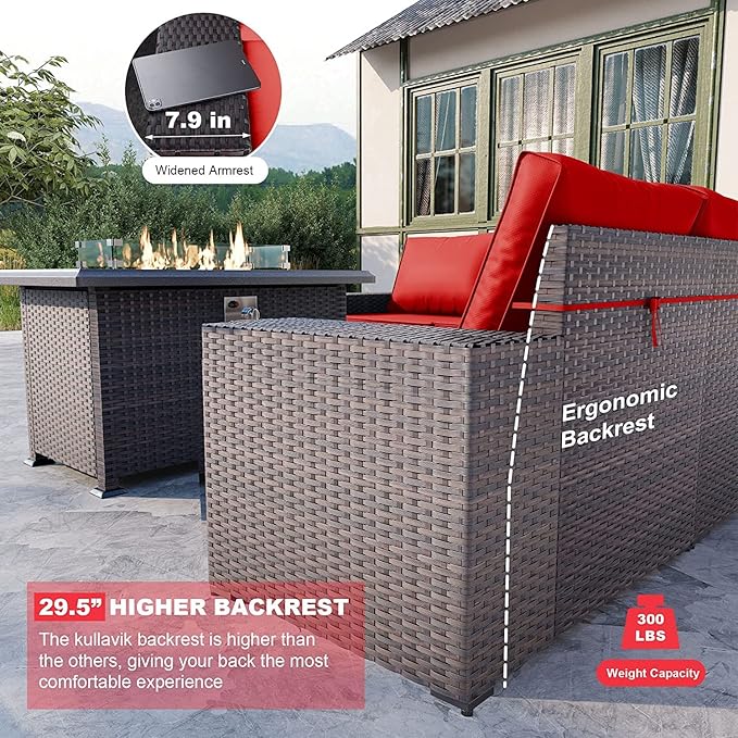 Kullavik 7 Pieces Outdoor Patio Furniture Set with 43" 55000BTU Gas Propane Fire Pit Table PE Wicker Rattan Sectional Sofa Patio Conversation Sets,Red