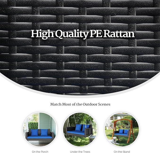 VINGLI Heavy Duty 800 LBS Wicker Hanging Porch Swing with Cushions & Chains, 4FT Outdoor Rattan Swing Bench for Garden, Yard, Lawn (Black+Blue)