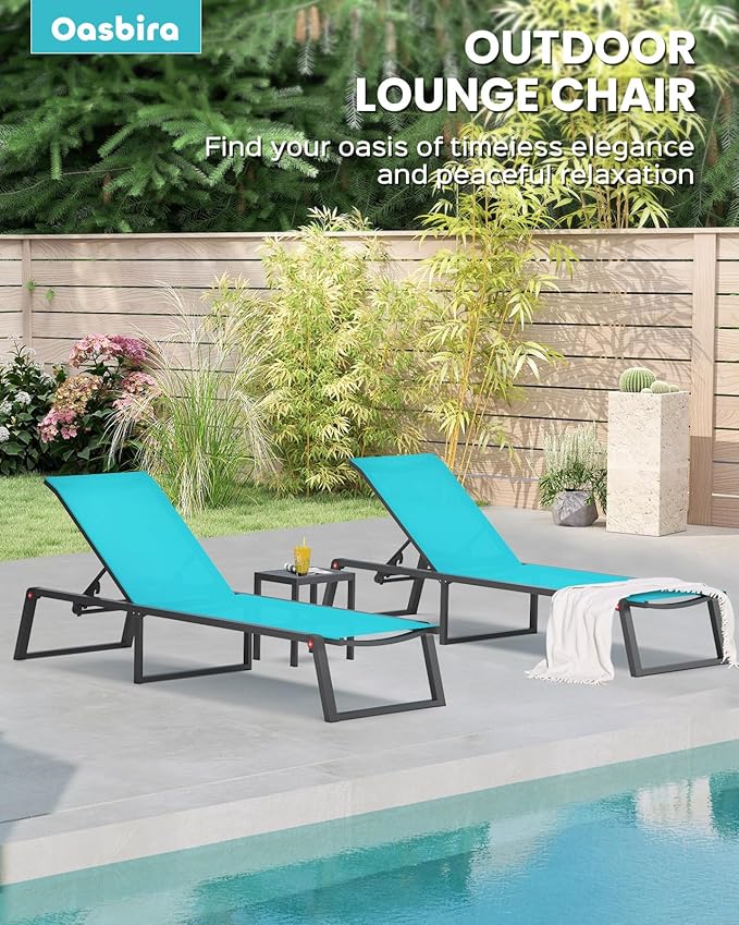 Aluminum Chaise Lounge Outdoor Set of 2, Foldable & Assembly Free Patio Pool Lounge Chairs 5-Position Recliner for Outside Poolside, Fully Grounded Legs Sun Lounger for Beach, Yard, Lake Blue