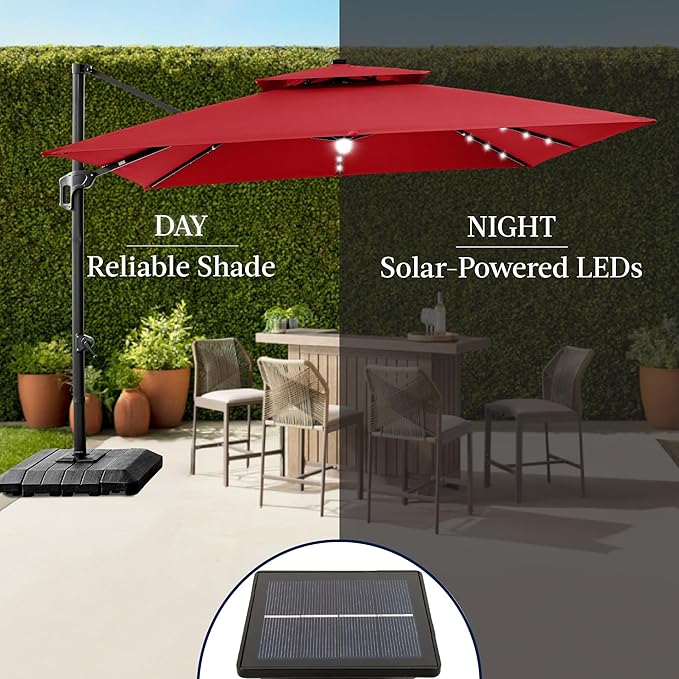 Best Choice Products 12x12ft LED Cantilever Patio Umbrella w/Base Included & 360° Rotation, Large Solar Offset Hanging Outdoor Sun Shade for Deck, Backyard Table w/Stand & Lights – Red