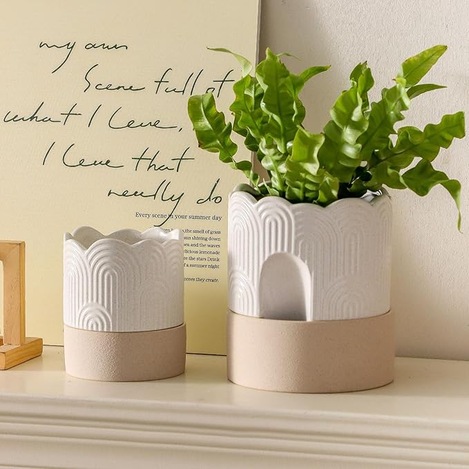 Nihow Self Watering Plant Pot: 4.5 Inch Ceramic Planter with Drainage Hole & Water Storage Plus for Indoor & Outdoor Plants - Cylinder Flower Pot for Herbs/Violets - Beige & Nature