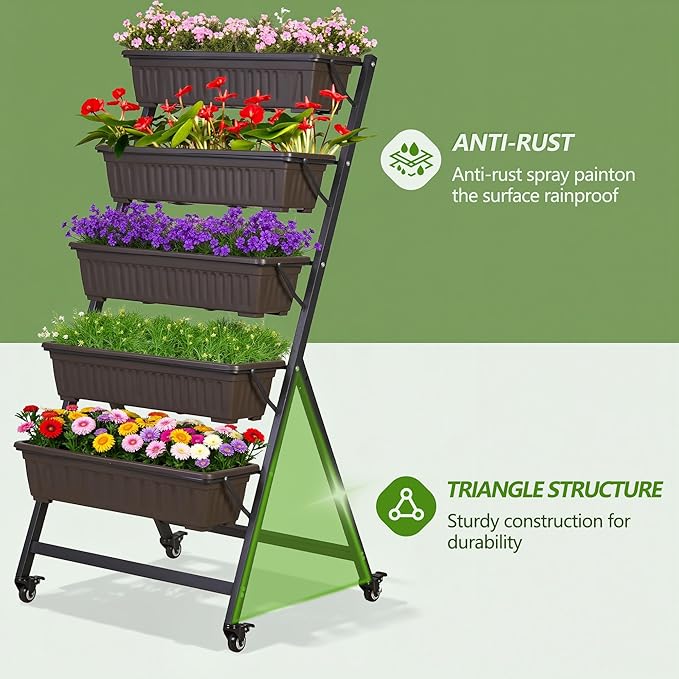 VECELO 5-Tier Vertical Garden Bed, Freestanding Elevated Raised Garden Planter with 5 Garden Planter Boxes, Lockable Caster Wheels, Drainage System, for Plants, Vegetables, Flowers, Herbs