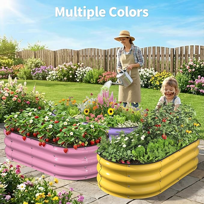 Kesfitt Raised Garden Bed, 4x2x1 FT Galvanized Steel Metal Raised Garden Bed, Oval Open-Bottom Design, 12-Inch Deep for Outdoor Vegetable & Herb Gardening, Lavender Purple