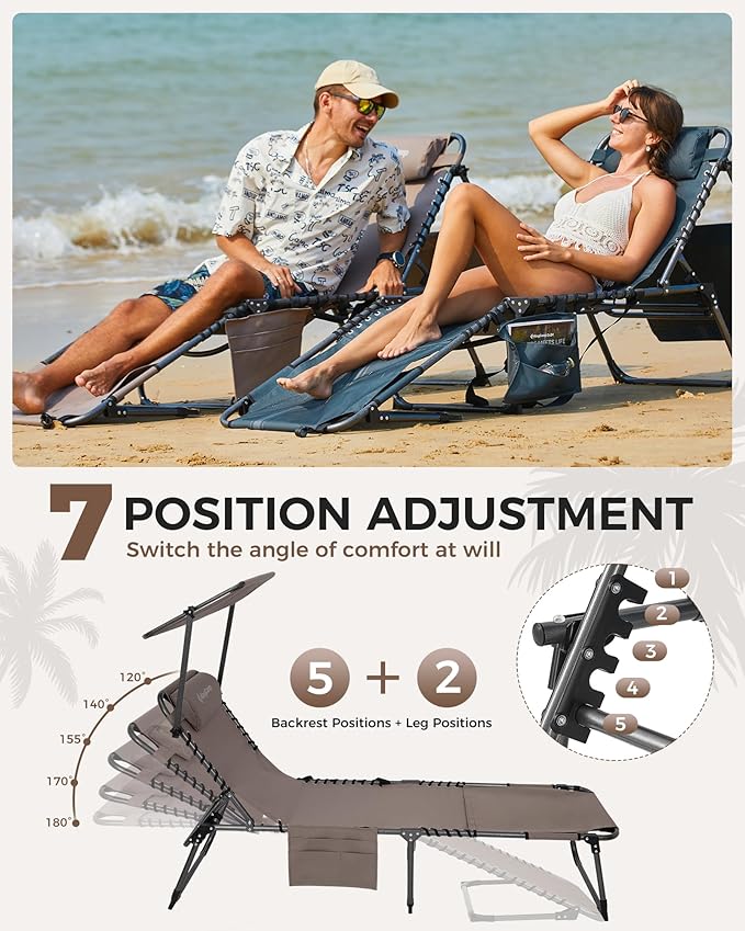 KingCamp Tanning Chair with Face Hole, Lounge Chairs Outdoor Folding Comfy Adjustable 5-Position Foldable Chaise Chaser with Canopy Shade for Outside Beach Patio Sun Bathing, Beige