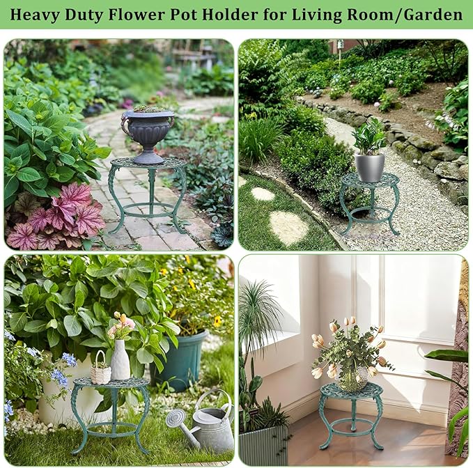 OwnMy Cast Iron Plant Stand Heavy Duty Vintage Wrought Iron Flower Pot Holder, Decorative Pedestal Potted Plant Rack, Indoor Metal Large Plant Stand for Outdoor Patio Garden Home, Antique Green