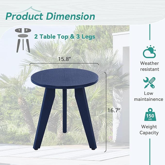 HDPS Outdoor Side Table, Small Round Side Table Weather-Resistant, Outdoor Side Tables for Patio, Porch, Deck, End Table for Plant Stand, Living Room, Bedroom, Navy