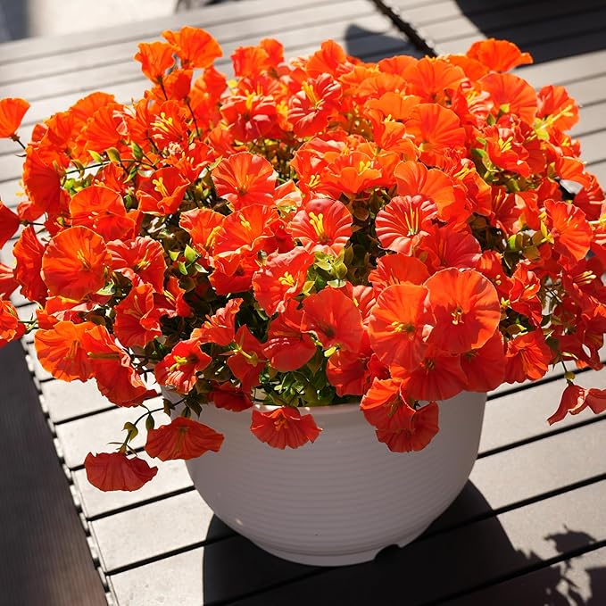 Artificial Flowers for Outdoors, UV Resistant Fake Silk Morning Glory, Realistic Faux Plants for Outside Porch Patio Window Box Hanging Planter (16, Orange)