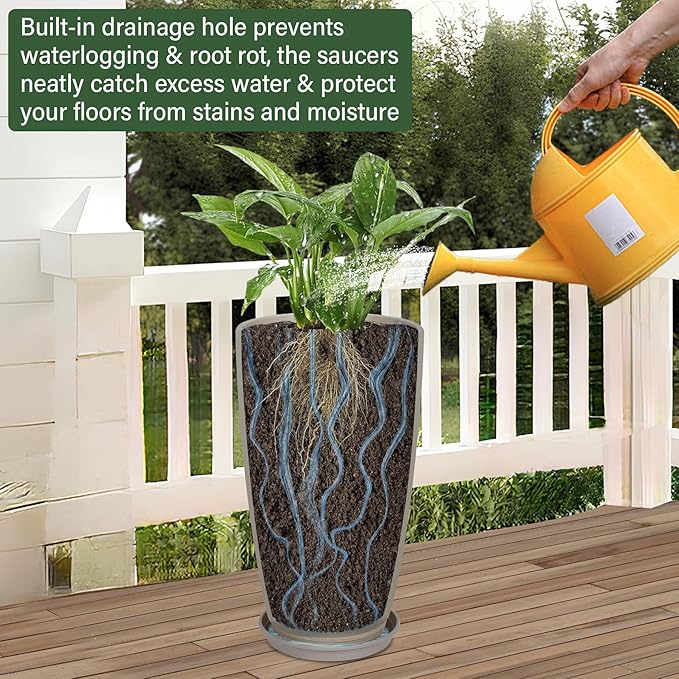 Set of 2 Tall Planter, 21 inch Large Plastic Planter with Drain Hole & Saucers, Large Outdoor Planters for Porch, Garden, Patio, Balcony(Oat Color)