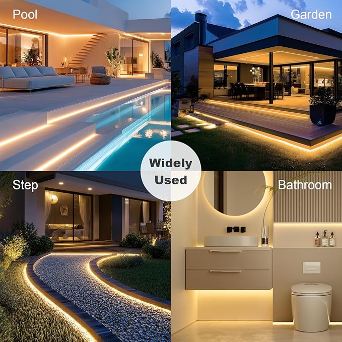 20ft COB Outdoor LED Strip IP67 Waterproof, 6500K Cold Whit DC24V Flexible LED Rope Strips with Remote & App Control Dimmable, DIY Lighting for Indoor, Outdoor, Bedroom, Garden, Patio