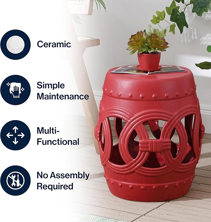 JONATHAN Y TBL1022C Lucky Coins 16" Chinese Ceramic Drum Indoor/Outdoor Garden Stool Bohemian, Coastal, Cottage, French Country, Traditional, for Living Room, Garden Room, Patio, Matte Red