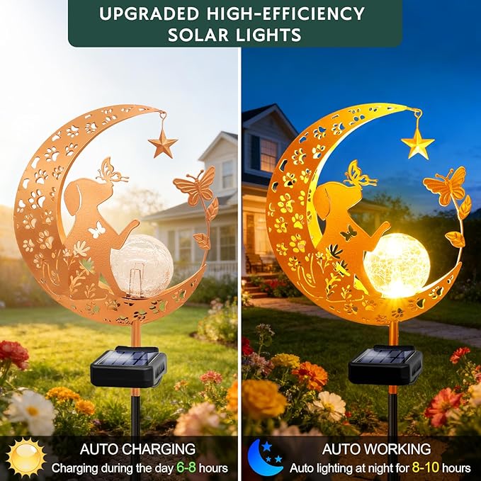 ZNYCYE Solar Lights Outdoor Decorative Moon Dog Butterfly Solar Stake Lights Birthday Gifts for Women mom Grandma, Garden Decor Waterproof for Walkway, Yard, Lawn, Patio (Warm White)