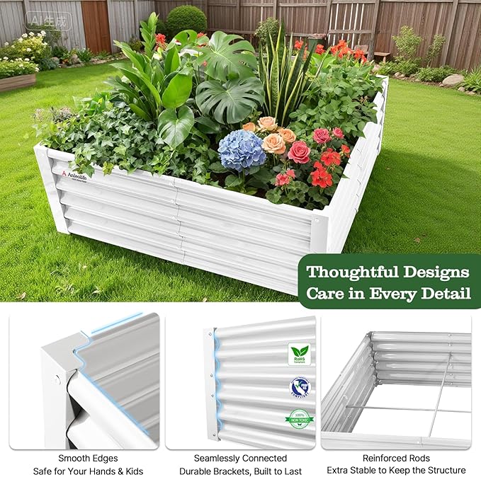 A ANLEOLIFE 4X4X1.5 ft Galvanized Raised Garden Beds Outdoor, Square Metal Planter Box for Planting Vegetables Flowers Herb, Anti-Rust & Easy-Setup, Antique White