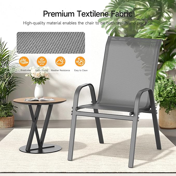 ONBRILL Patio Chairs set of 2, Easy Assembly Stackable Outdoor Dining Chairs with Wide Seat and Sturdy Metal Frame, Breathable All Weather Textilene Outdoor Chairs Set of 2 for Deck, Pool, Porch, Grey
