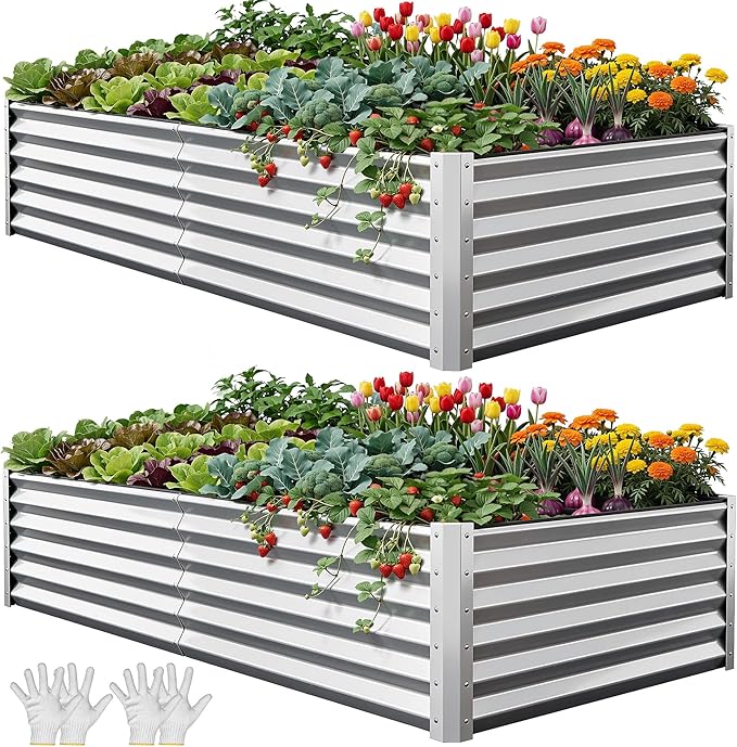 YITAHOME 8x4x1.5ft 2pcs Large Raised Garden Bed Kit, Galvanized Metal Planter Box with Gloves, Ground Nails & Safety Rubber, Outdoor Above Ground Planters for Plants Vegetables Flowers, Silver