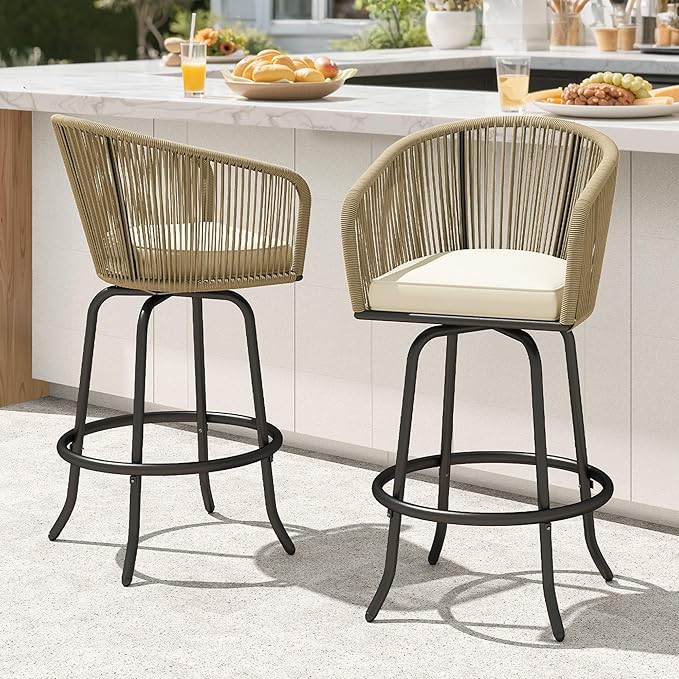 DWVO Outdoor Counter Height Bar Stools Set of 2, Patio Swivel Bar Chairs with Soft Cushions, 360° Rotation, Bar Height Rattan Chairs for Backyard, Poolside, Garden, Beige