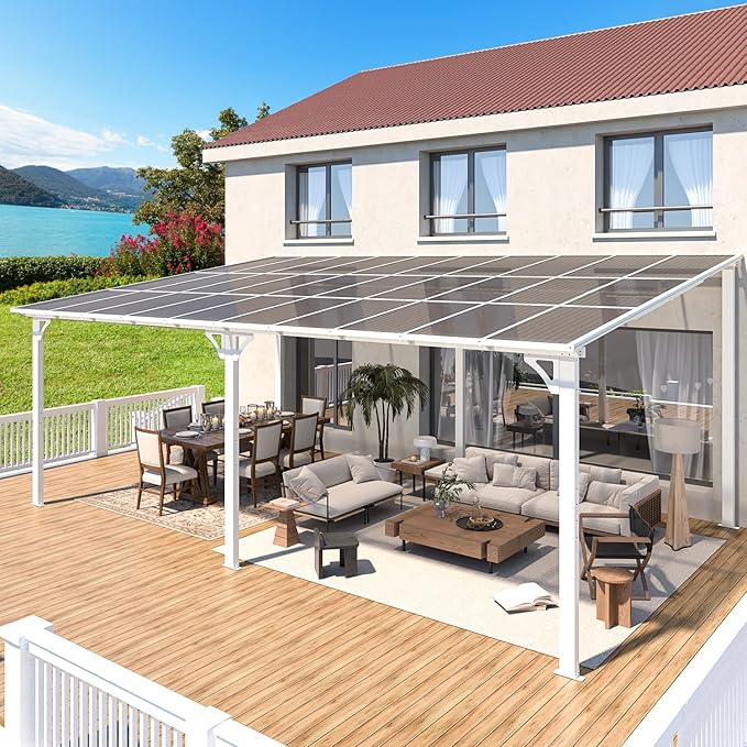 AECOJOY 20' x 12' White Gazebo Pergola, 12x20 Large Wall Mounted Lean to Pergolas and Gazebos on Clearance with Patio Roof, Outdoor Patio Metal Awnings for Decks, Porch, Backyard
