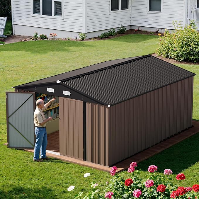 Greesum 10×14 FT Outdoor Storage Shed, Metal Storaged Sheds Without Floor, Tool Sheds with Lockable Doors and Sloping Roof for Garden, Patio, Brown