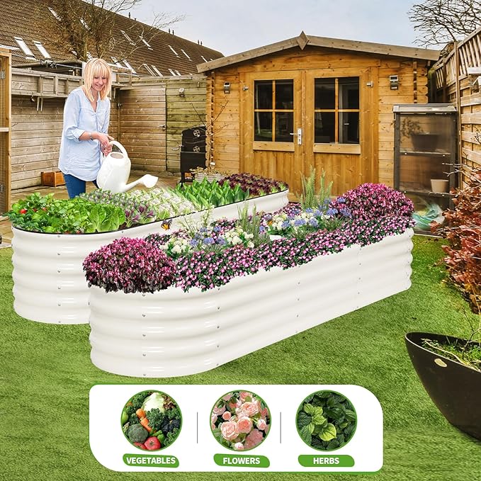 Galvanized Raised Garden Bed - 8x2x1.4FT Metal Planter Boxes Outdoor | Oval Steel Raised Bed Kit for Gardening with Protective Tape, Bracing Rods, Gloves for Vegetables, Flower, Herb (White)