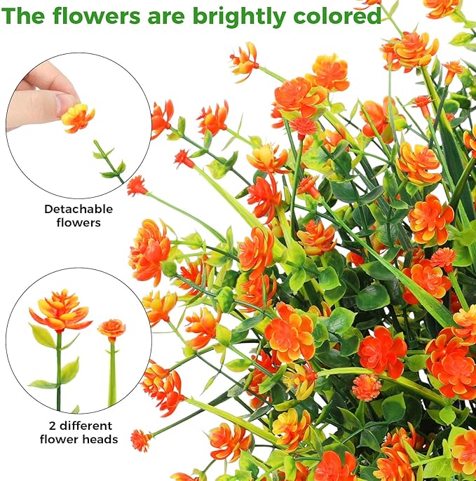 20 Bundles Artificial Flowers for Outdoors Fake Plastic Flowers UV Resistant Realistic Faux Plants Shrubs for Spring Summer Garden Porch Yard Patio Planter Window Box Home Decor, Orange