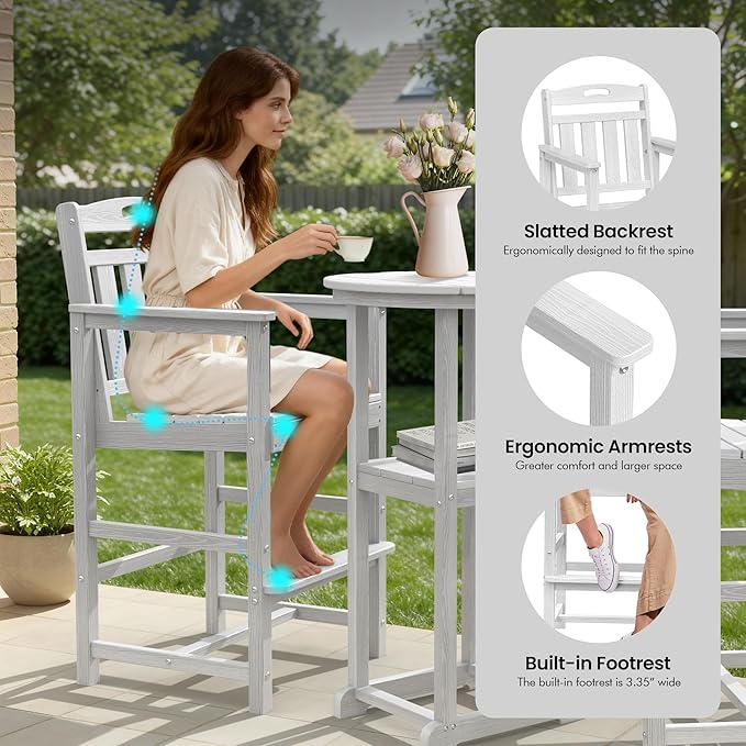 Ciokea 3-Pcs Bistro Table and Chairs, All-Weather Round High Top Bar Table with Storage Shelf and 2 Oversized Adirondack Chairs, Heavy Duty Outdoor Bar Set Patio Bistro Set for Balcony Deck, White