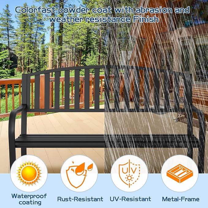 Outdoor Bench Garden Bench, Weatherproof Anti-Rust Heavy-Duty Outside Benches Clearance, Wrought Iron Metal Bench for Front Porch, Patio, Park