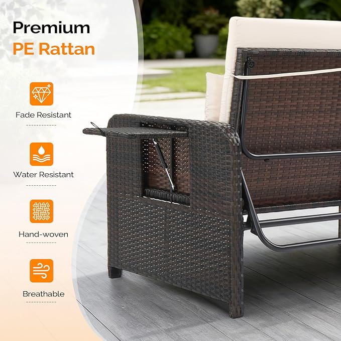 VINGLI Patio Daybed, Wicker Outdoor Daybed with Storage Ottoman & 5-Level Adjustable Backrest, All-Weather Rattan Cushioned Patio Loveseat Sofa for Garden Balcony Backyard (Beige, Brown)
