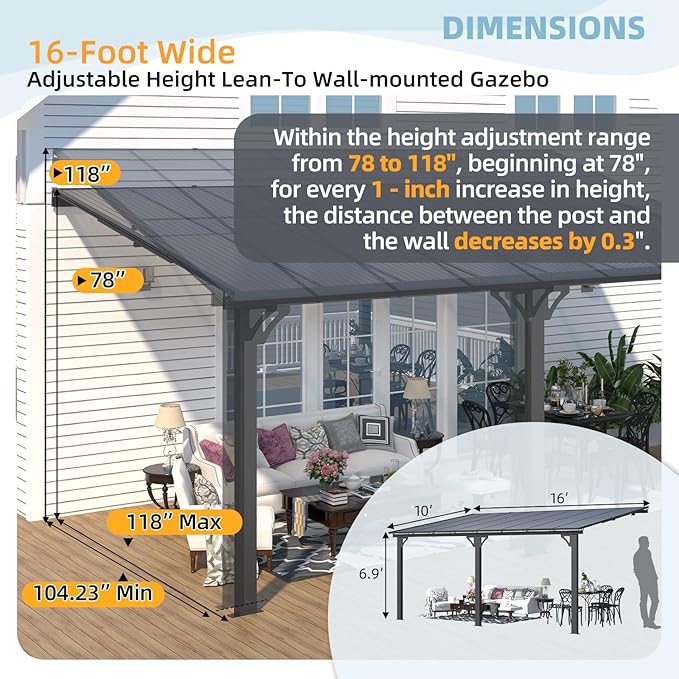 AECOJOY 10' x 16' Adjustable Height Outdoor Lean to Gazebo Pergola for Patio, Large Wall-Mounted 6.5-9.8 Ft Hard Top Metal Heavy Duty Metal Awnings Shelter Pergolas and Gazebos Clearance with Roof