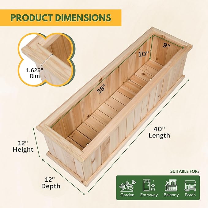 Shine Company Premium Cedar Raised Garden Bed, Planter Box for Vegetables, Flowers, or Herbs 40" L x 12" D x 12" H