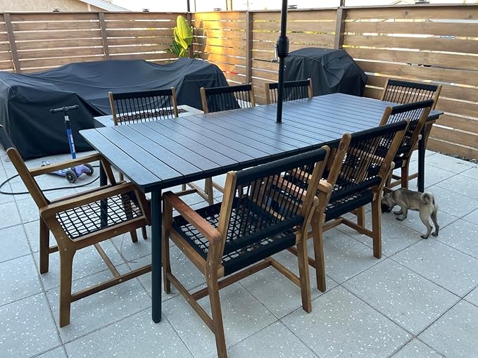 95" Patio Outdoor Dining Table for 8-10, Weather-Resistant Wood-Grain Top with Aluminum Frame & Umbrella Hole for Deck Gatherings, Black