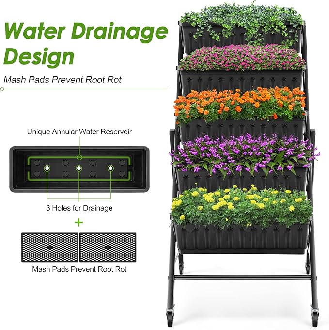 Homdox 4FT Vertical Garden Bed, 5 Tiers Raised Garden Planter, 25.6 * 26 * 48Inch with 4 Hooks & 4 Wheels, Vegetable Flower Stand for Garden Patio Yard, Black