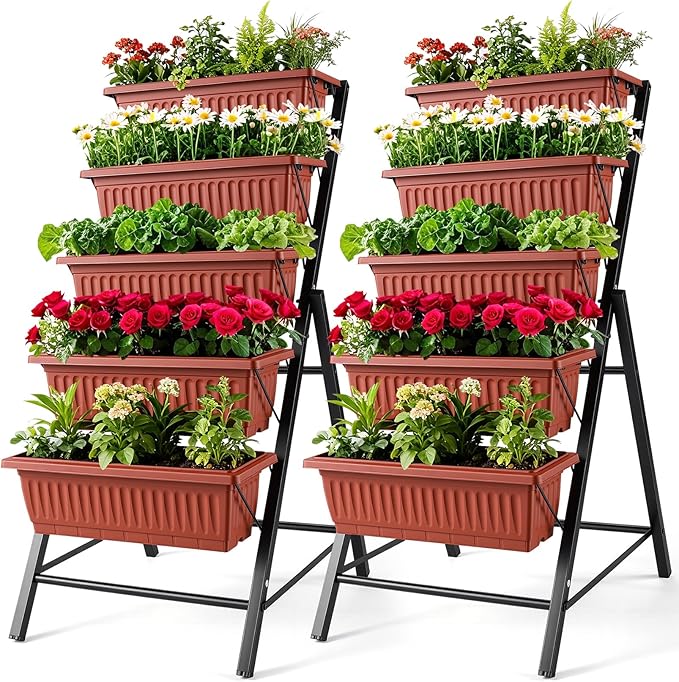 SEJOV 2 Pack Vertical Raised Garden Bed, 5 Tiers Elevated Planter Box for Herbs Vegetables Flowers, Graden Vertical Planter w/Drainage System for Patio Balcony Garden Outdoor Indoor Plants, Dark Red