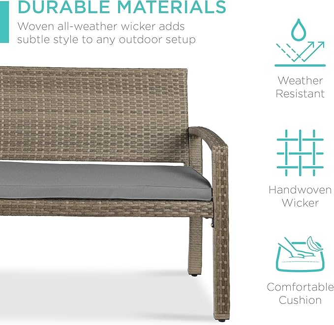 Best Choice Products Outdoor Bench 2-Person Wicker Garden Patio Benches Seating Furniture for Backyard, Porch w/Seat Cushion, 700lb Capacity - Cement Gray/Taupe