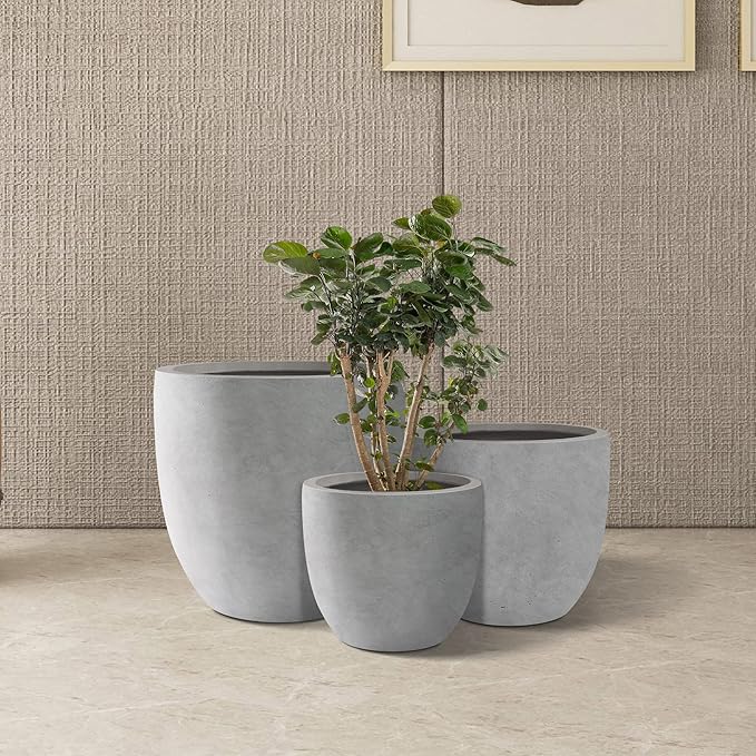 Kante 20",16.5",13.4" Dia Round Concrete Planters (Set of 3), Outdoor Indoor Modern Decorative Plant Pots with Drainage Hole & Rubber Plug for Home & Garden, Natural Concrete