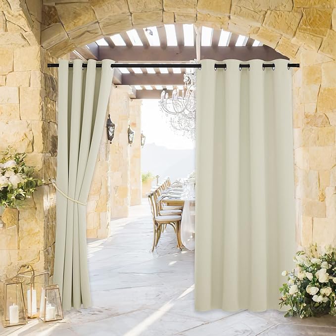 RYB HOME Outdoor Curtains for Patio Waterproof Block Sunlight Thermal Insulated Privacy Assured Thick Outside Curtains for Deck, Balcony, Pool, W52 x L63, Beige, 1 Panel