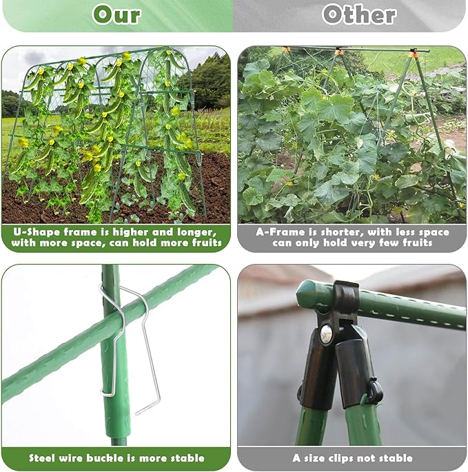 Cucumber Trellis for Raised Beds, 63 x 45 Inch U-Shaped Garden Trellis for Climbing Plants Outdoors with Climbing Net, Metal Detachable Arch Plant Support Vegetable Trellis