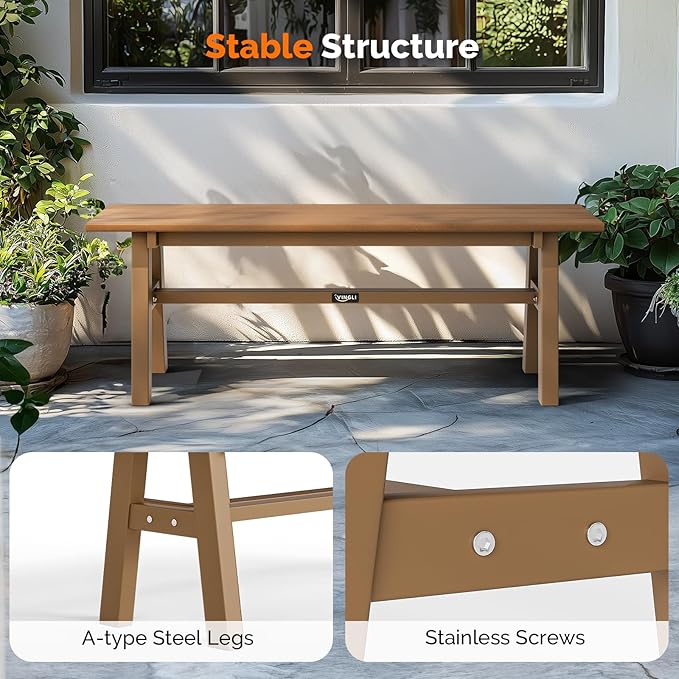 VINGLI 47” Outdoor Bench Garden Bench HDPE Porch Bench w/Metal Legs, Poly Lumber Patio Bench, 660 LBS Capacity Outdoor Backless Bench(Teak)
