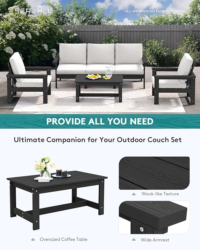 SERWALL HDPE Patio Conversation Set, 6-piece Sectional Outdoor Furniture Set, All Weather Outdoor Couch Set Patio Furniture Set for Deck, Lawn, Black Frame with Khaki Cushion